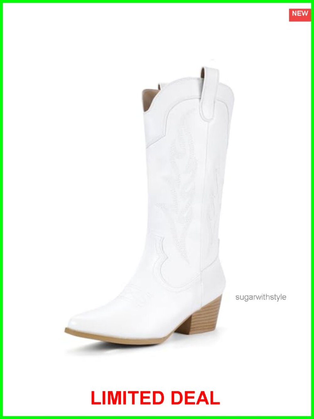 Mid Calf Cowboy Boots Pointed Toe Chunky Heel Pull-On Western